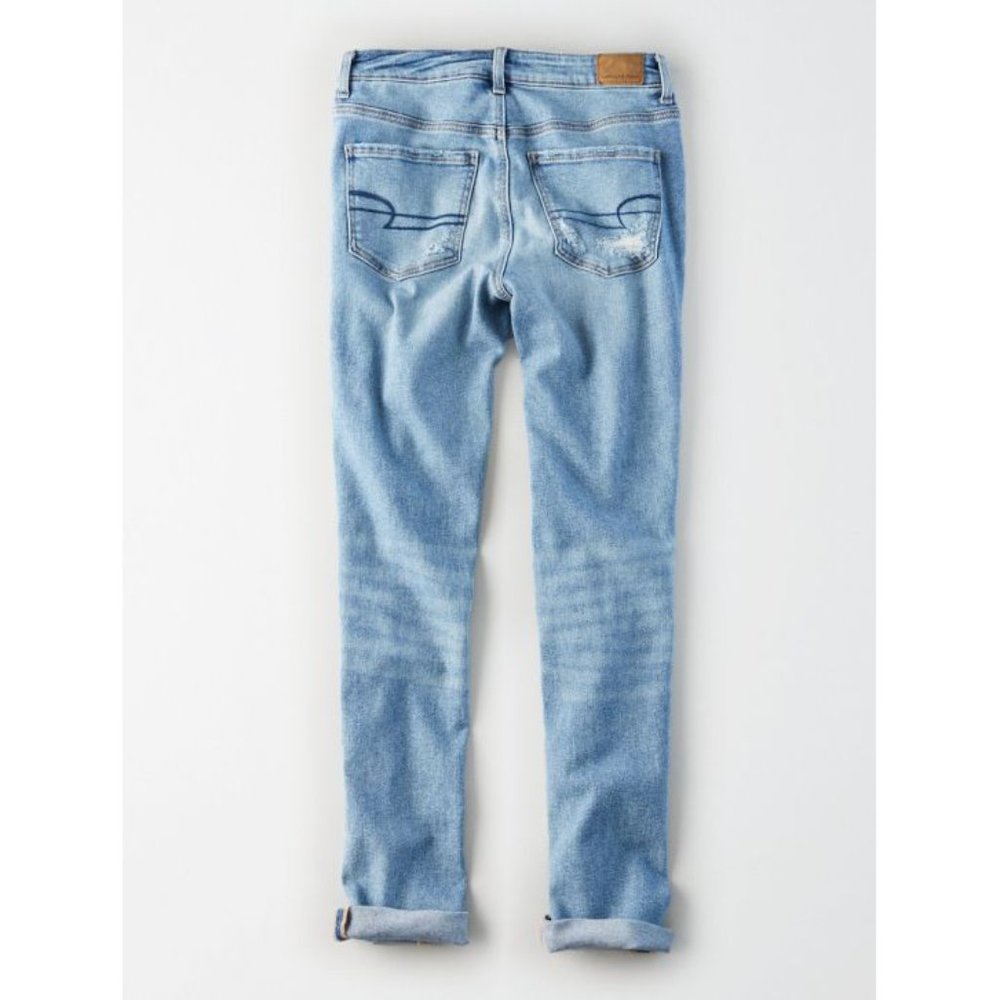 American Eagle Stretch Tomgirl Jeans Slashed Sky Destroyed Ripped BF Boyfriend 0 - Picture 5 of 14